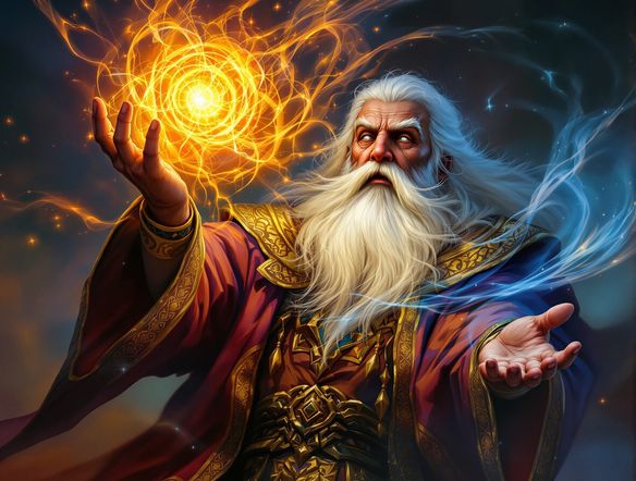 A wise, ancient wizard with a long white beard, wearing ornate robes, conjuring a glowing orb of energy. Detailed fantasy illustration, vibrant colors, magical atmosphere.