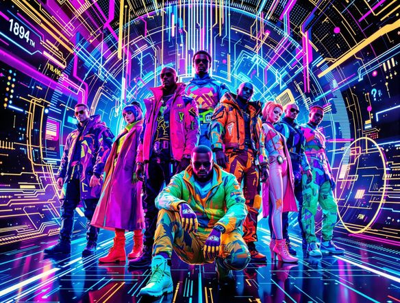 An intricately designed tier list featuring various pop culture icons, set against a backdrop of glowing circuit patterns and data streams.