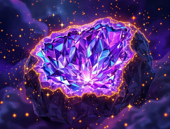 An AI crystal art creator showcasing a vibrant, multifaceted amethyst geode bursting with light, surrounded by swirling iridescent dust and subtle geometric patterns.