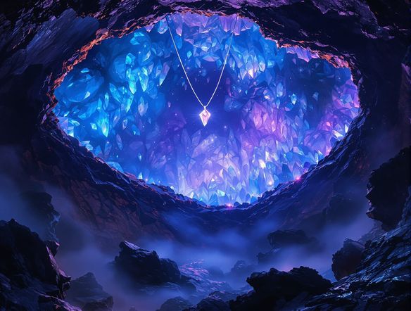 An enormous, opened geode revealing a cavern filled with glowing blue and purple crystals, with a delicate crystal necklace displayed inside. Cinematic, highly detailed.