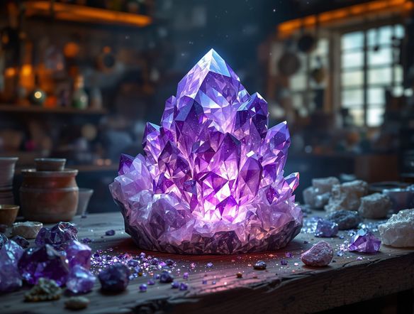 A workbench scene with a glowing, intricate amethyst crystal being formed by ethereal light, surrounded by scattered raw gemstones. Photorealistic, magical lighting.