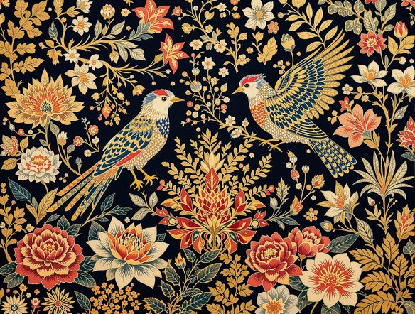 A fusion of Indonesian and Malaysian batik design elements, featuring stylized birds and floral motifs. The artwork should evoke a sense of luxury and cultural depth, with a modern artistic interpretation.
