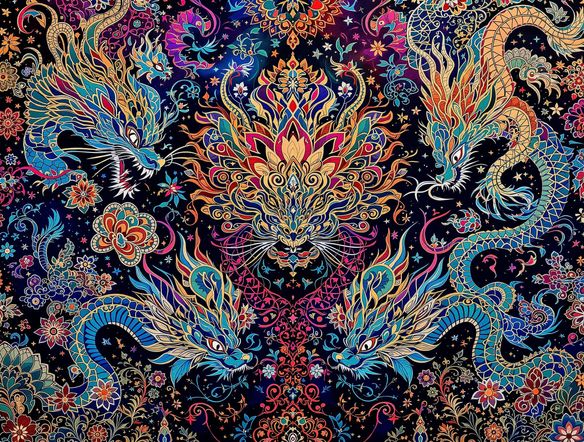 Intricate AI Southeast Asian batik art pattern featuring mythical creatures and floral motifs, vibrant colors, on textured fabric.