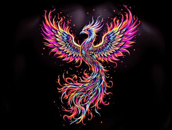 A vibrant sleeve tattoo design featuring a phoenix rising from flames, interwoven with intricate tribal patterns, set against a dark skin tone.
