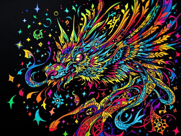 A vibrant, full-back tattoo design featuring a mythical creature intertwined with geometric patterns. The creature should resemble a griffin with glowing eyes, rendered in a neo-traditional style with bold lines and vibrant colors.