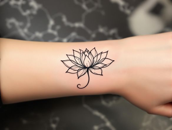 A minimalist tattoo design featuring a stylized lotus flower with intricate linework. The design should be suitable for placement on the wrist or ankle, rendered in black ink with subtle shading to create depth and dimension.