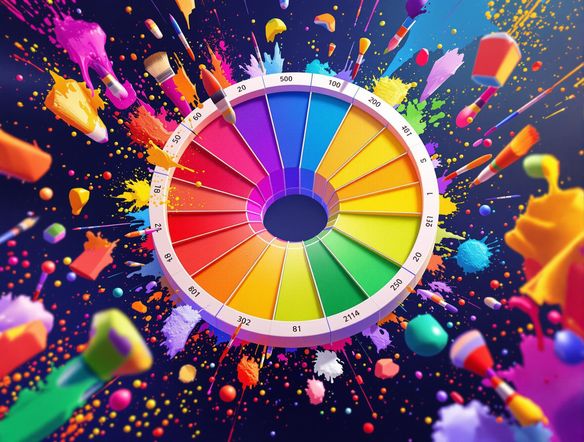 A vibrant color wheel surrounded by floating paintbrushes and color swatches, digital art
