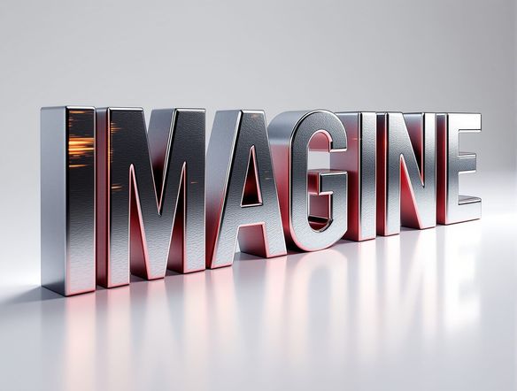 Hyper-realistic 3D font art of the word 'IMAGINE', rendered with metallic textures and dramatic studio lighting, set against a clean, minimalist backdrop. Dimensional text generator.
