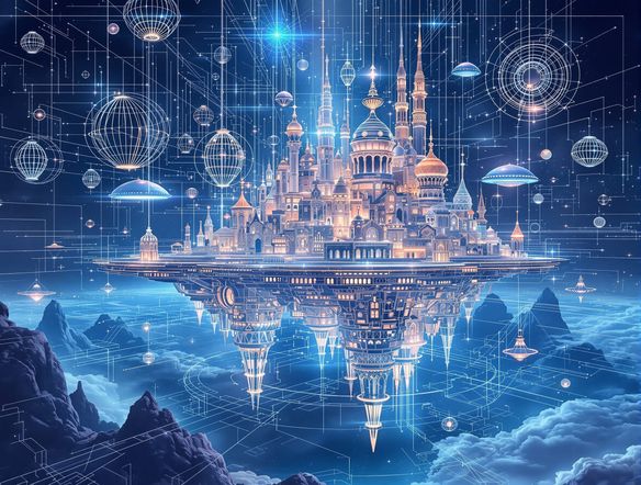A surreal architectural blueprint artwork of a floating city, intricate details, ethereal lighting, schematic art AI style.