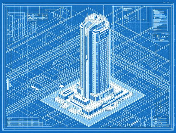 A detailed engineering drawing of a futuristic skyscraper, clean lines, isometric view, technical drawing art, blueprint background.