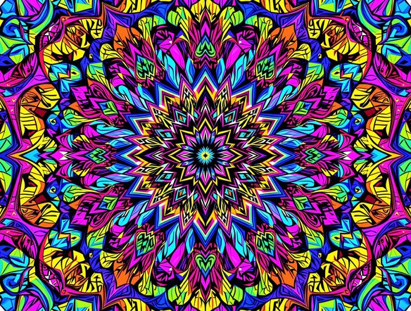 A highly detailed, symmetrical mandala with intricate floral patterns and geometric shapes, centered on a white background, vibrant color palette, digital art.
