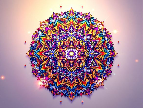 Intricate, colorful mandala design with geometric patterns and floral elements, radiating light, set against a soft, gradient background. Digital art, high detail.
