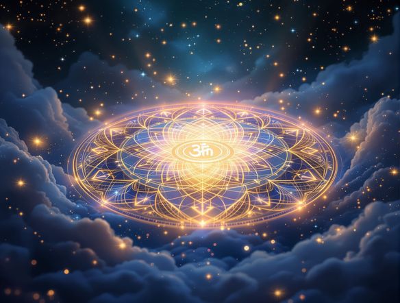 A serene, circular mandala representing cosmic energy, glowing with soft, ethereal light, incorporating subtle spiritual symbols, suitable for meditation, digital painting.
