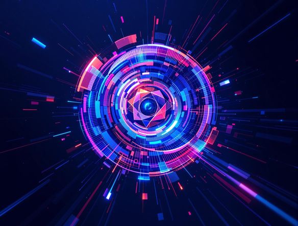 A vividly colored logo spinning in 3D space against a dark background, showcasing depth and movement, with dynamic lighting.