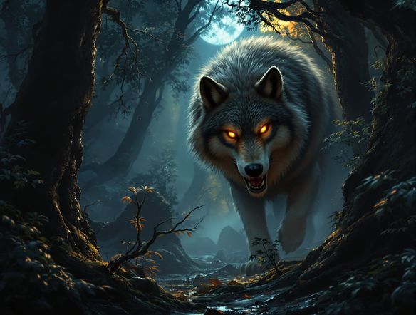 A majestic wolf emerging from a mystical forest, glowing eyes, hyper-realistic fantasy art, detailed fur, moonlight dappled, cinematic lighting, werewolf art maker.