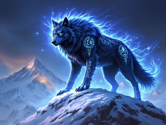 A powerful dire wolf standing on a snowy mountain peak, ancient runes carved into its fur, spirit wolf essence shimmering around it, dramatic lighting, dark fantasy art, dire wolf generator.