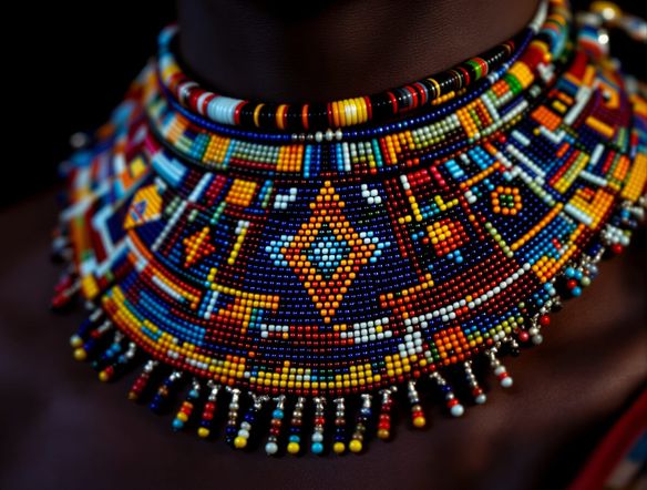 A close-up of a stunning, vibrantly colored Maasai beaded necklace, intricate geometric patterns, traditional craftsmanship, studio lighting, high detail, generated by AI.