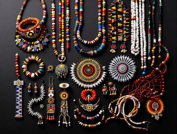 An overhead view of a collection of diverse African tribal jewelry, featuring Maasai beadwork art, vibrant colors and patterns, geometric motifs, on a dark textured background, AI generated art.