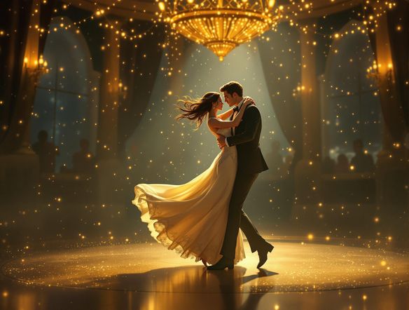 A vintage photograph of a couple dancing, subtly animated with sparkling lights and gentle swaying motions, creating a nostalgic and romantic atmosphere. Soft focus, warm colors.