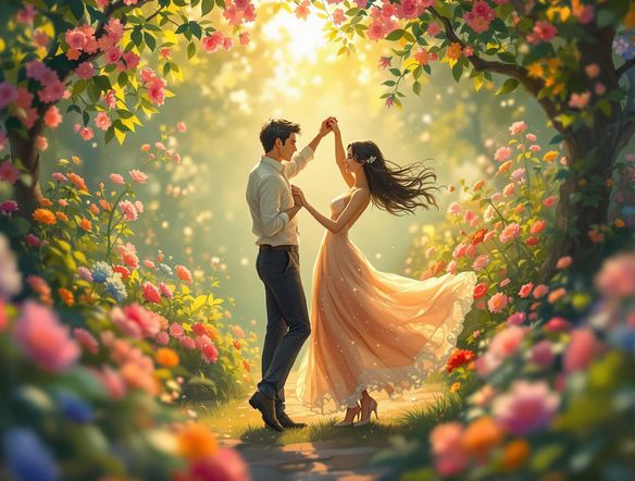 Animated photograph of a couple dancing in a whimsical garden, rendered in a vibrant, painterly style with soft, glowing light and bokeh effects.