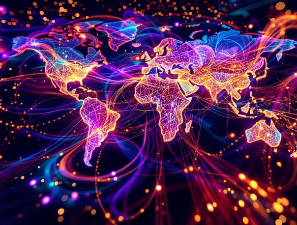 A vibrant heatmap visualization of global internet traffic, rendered in a digital thermal art style, showcasing intricate patterns and flow.