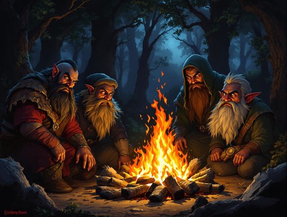A diverse D&D party of adventurers – a stoic dwarf fighter, an agile elf ranger, a wise human cleric, and a mischievous halfling rogue – gathered around a campfire in a dark forest, dnd party art maker, fantasy illustration.