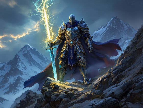 A majestic fantasy knight in full plate armor, holding a glowing sword, standing on a mountain peak, epic fantasy art, detailed, cinematic lighting, dnd character portrait.