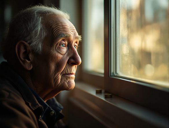 A poignant documentary aesthetic AI image of an elderly person looking out a window, soft, natural light, shallow depth of field, conveying a sense of reflection and history.