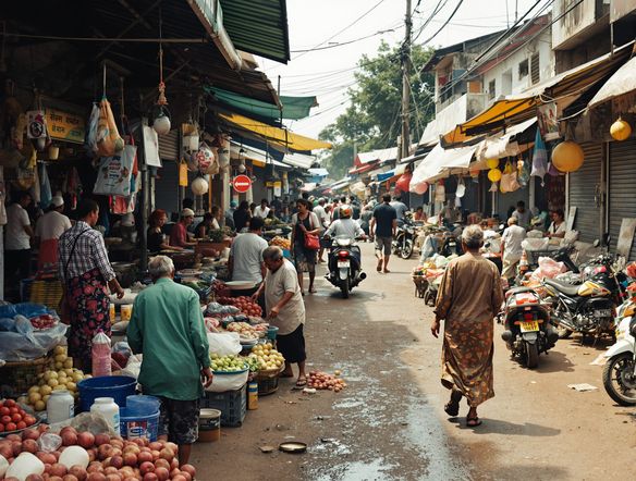 A gritty, realistic journalistic photo AI of a bustling street market in a developing country, capturing candid moments of daily life, high detail, natural lighting.