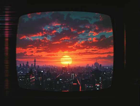 A vibrant cityscape at sunset, viewed through the screen of an old television, showcasing a distinct vintage cassette tape effect and an 80s VCR filter. Glitches and scan lines are visible.