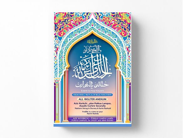 Design a modern flyer for a cultural event, featuring intricate arabic caligraphy generator patterns. The flyer should be visually appealing with a harmonious blend of colors and fonts. Include details about the event and contact information.