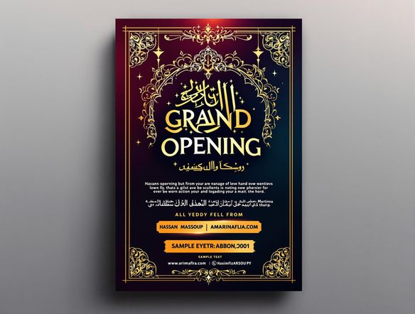 A vibrant flyer design showcasing a grand opening, incorporating elegant arabic calligraphy font generator elements. Use a bold color palette with gold accents. Include sample text in both English and Arabic.