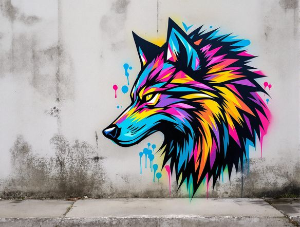 A vibrant, colorful graffiti stencil of a stylized wolf head, spray paint effects, sharp edges, on a concrete wall, street art style, custom design.