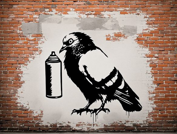 A striking black and white stencil art piece of a pigeon holding a spray can, Banksy style, on a brick wall background, high contrast, urban art.