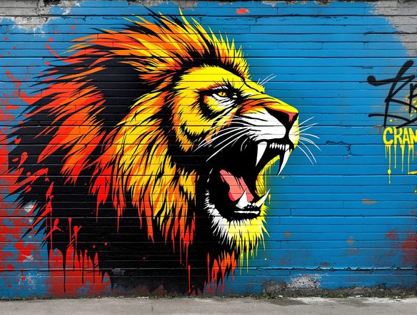A vibrant, stylized graffiti stencil of a roaring lion emerging from a spray-painted brick wall, with bold colors and sharp edges, capturing the essence of urban street art.