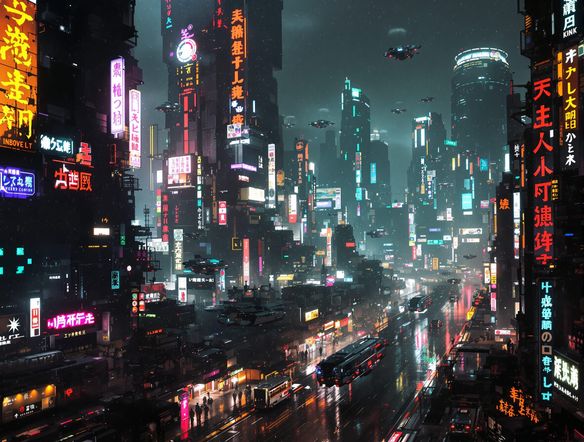 A sprawling cyberpunk city at night, neon signs reflecting in rain-slicked streets, flying vehicles, towering skyscrapers, atmospheric and detailed.