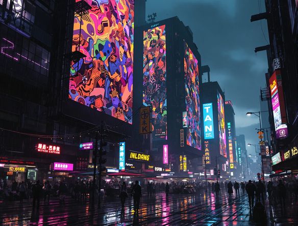 A gritty, rain-soaked street market in a futuristic city at dusk, holographic advertisements flickering. Blade runner style art, futuristic art generator.