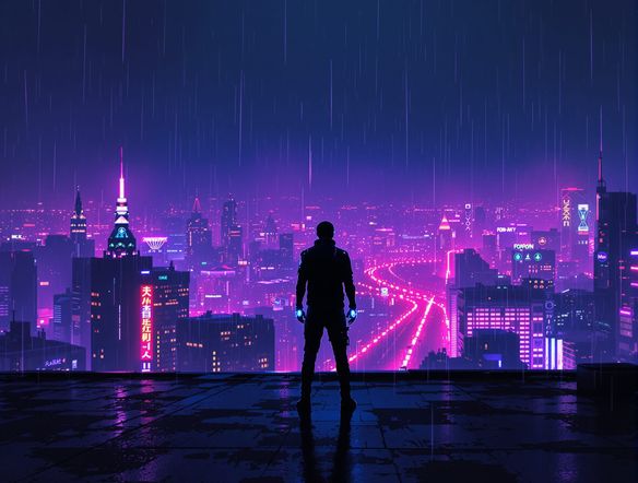 A lone cyberpunk character with glowing cybernetic implants stands on a rooftop overlooking a vast, neon-drenched metropolis at night, rain falling. Cyberpunk character creator, neon city generator.