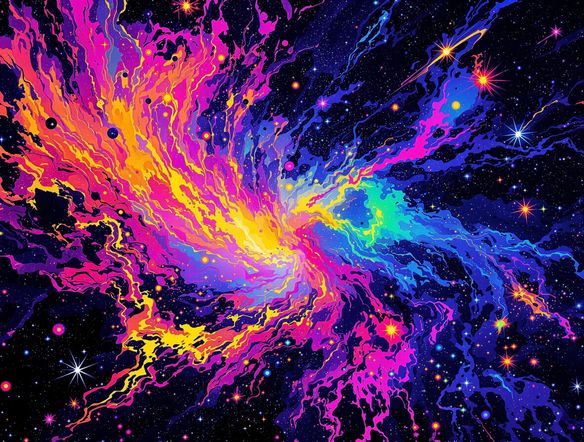 An abstract cosmic nebula exploding with fluorescent colors. The artwork should have a distinct blacklight poster aesthetic, with intense glowing elements and deep, dark space.