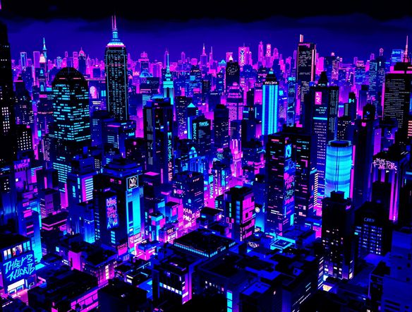 A cityscape at night, rendered in vibrant neon colors, with glowing outlines and a high-contrast, blacklight effect. Include subtle UV reactive patterns on buildings.