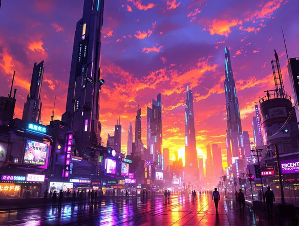 A vibrant digital painting of a futuristic cityscape at sunset, with glowing neon lights reflecting on wet streets, created by an AI.