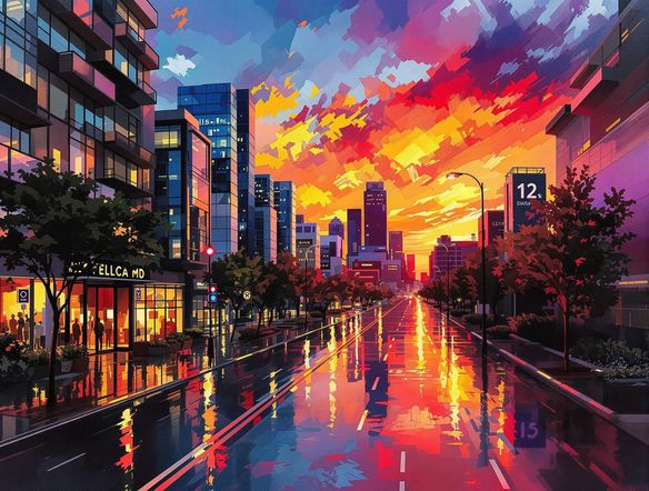 A modern cityscape at sunset, rendered in a bold, impressionistic digital painting style, reflecting in wet streets, created by an online digital art maker.