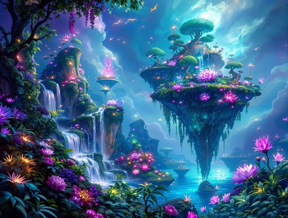 A vibrant, surreal digital painting of a dreamscape, with floating islands and glowing flora, generated by AI art, detailed brushstrokes, fantasy art style.