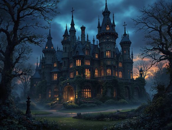 An atmospheric Victorian Gothic mansion at dusk, overgrown gardens, intricate spires, detailed stonework, moody lighting, a hint of fog, medieval architecture generator.