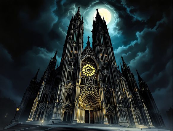 A majestic, towering Gothic Revival cathedral facade, intricate stonework, dramatic shadows, moonlit night, detailed illustration, Neo-Gothic style generator.