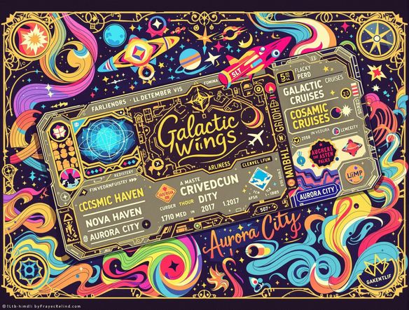 A vividly colored, intricately designed boarding pass featuring fictional airline logos and destinations. The design blends futuristic elements with classic travel aesthetics, creating a sense of adventure and excitement.