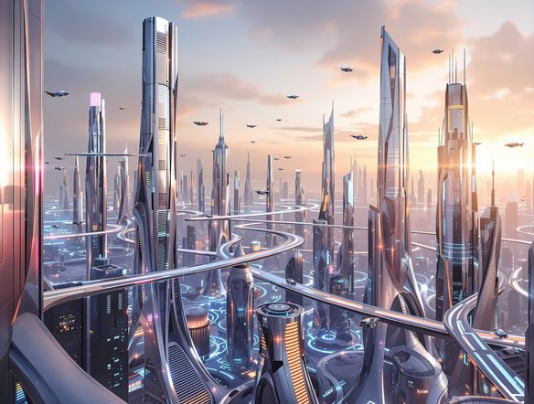 A hyper-realistic concept of a sleek, futuristic cityscape at dawn, showcasing advanced architecture and flying vehicles. High-tech design AI aesthetic, cinematic lighting, ultra detailed.