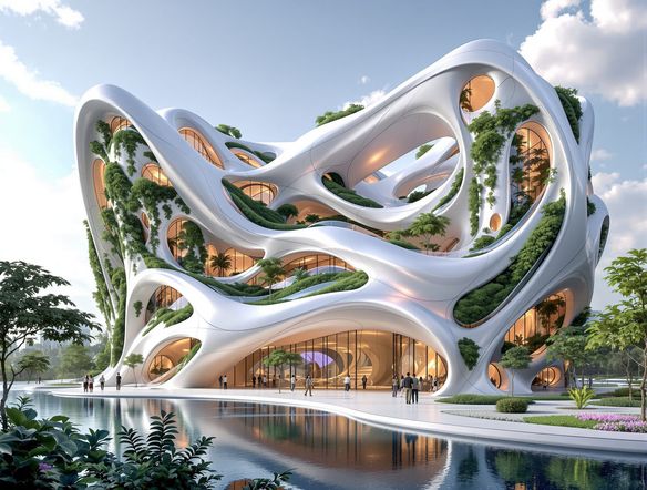 A stunning neo-futuristic building with flowing, curvilinear forms, integrated with lush vertical gardens. Smooth, iridescent materials, soft natural lighting, concept art by Zaha Hadid.