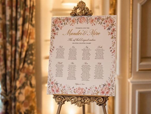 A beautifully designed wedding seating chart, displayed on an ornate easel, with elegant calligraphy and subtle floral accents. In the background, soft, romantic lighting enhances the ambiance. Include an inspirational quote at the top.