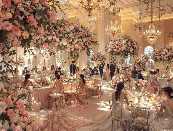 Elegant wedding reception, beautifully arranged seating chart with floral decorations, soft lighting, and a romantic atmosphere, captured in a dreamy, ethereal style.
